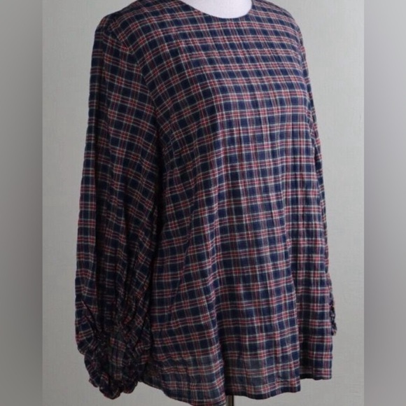 J.McLaughlin Tartan Plaid Seersucker Size Med Cotton Blouse Blouson Sleeve Women - Picture 7 of 11